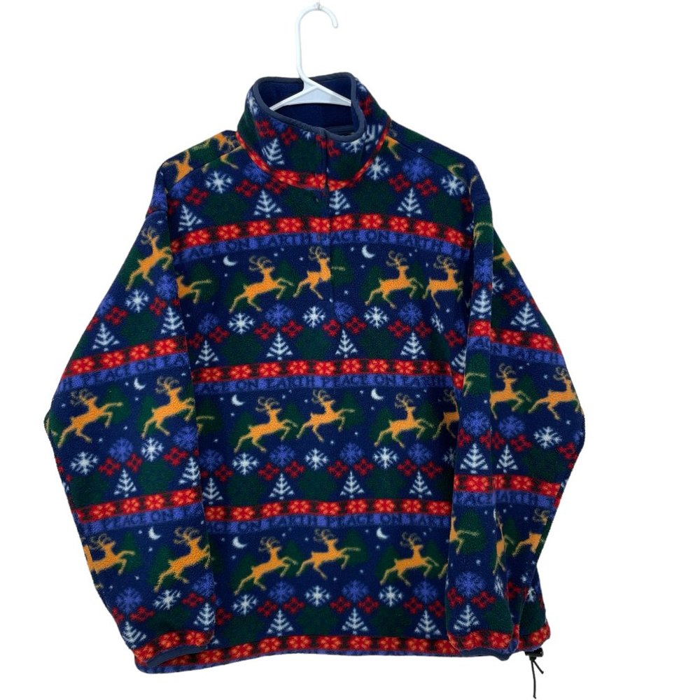 L.L. Bean Navy Green Red Holiday Reindeer Fleece Pullover
